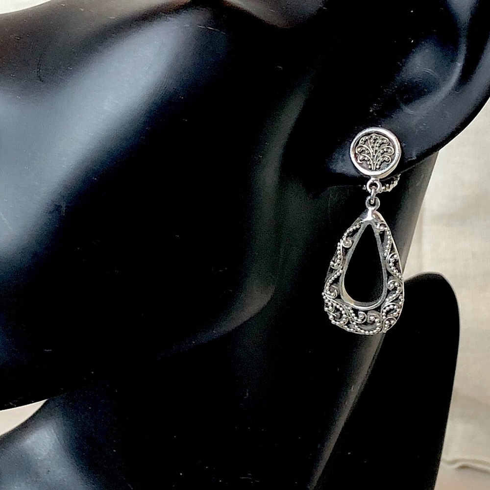 LOIS HILL Sterling Silver Open Teardrop Caviar Accent Drop Earrings NWOT